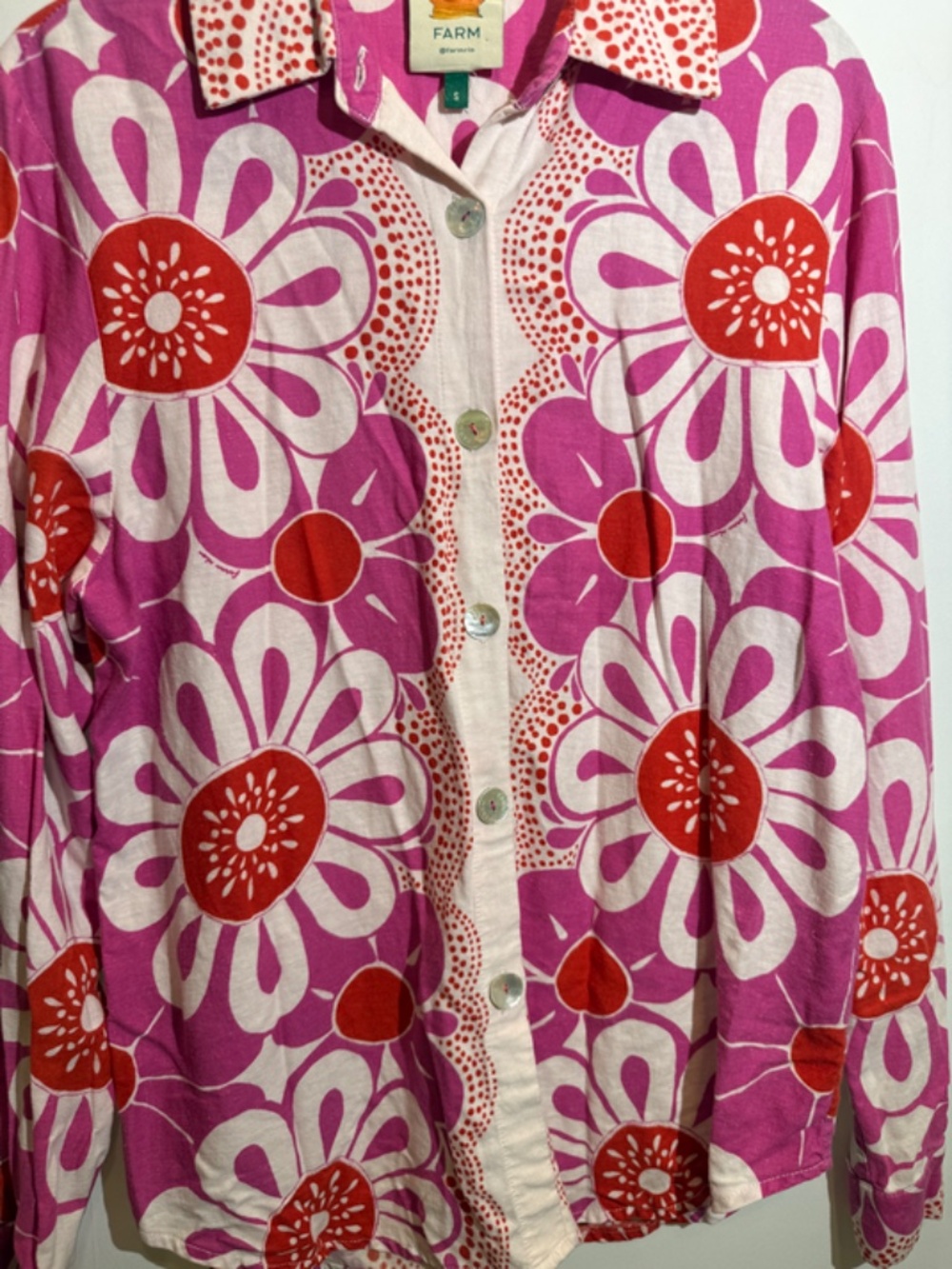 Farm Rio Anthropologie Long Sleeve Linen Tropical Print Buttondown Shirt S - Picture 4 of 12